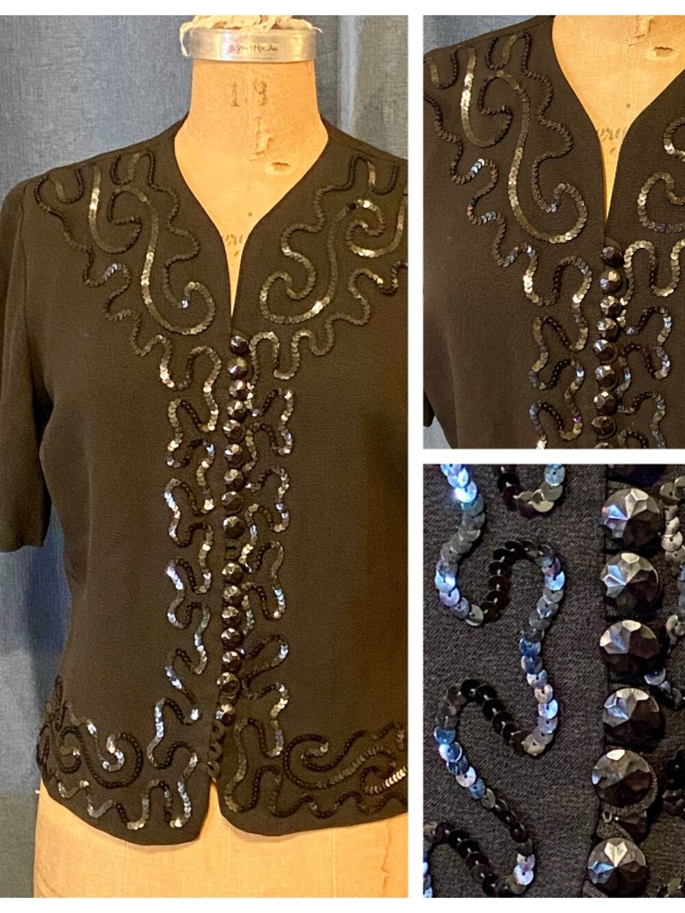 Vintage 40's Black Crepe Blouse Top Swirls of Sequins Tiny Buttons S/M